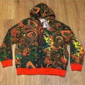 AGTAWH Men French Terry Abstract Motif Print Hoodie Multicolor Size L